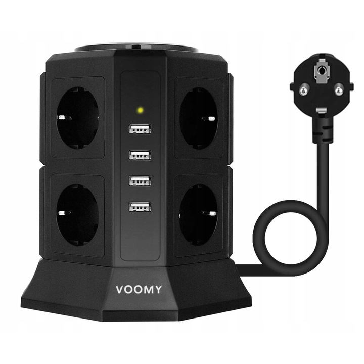 Разклонител Voomy 12 в 1 с 8 контакта, 4 USB порта, защита от пренапрежение, 2м, черен