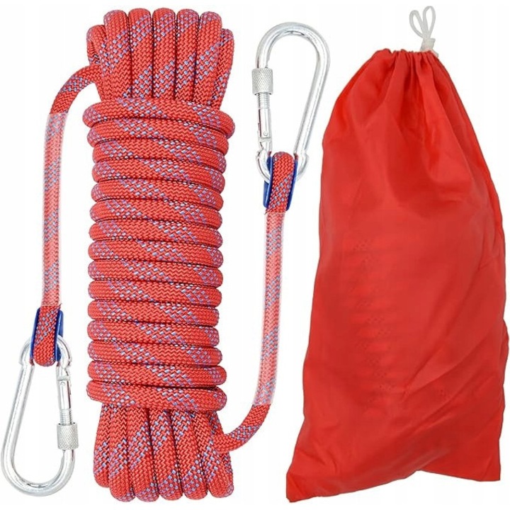 Hegymászó kötél, 20m, 12mm, 2100kg teherbírás, 2 karabinerrel, piros