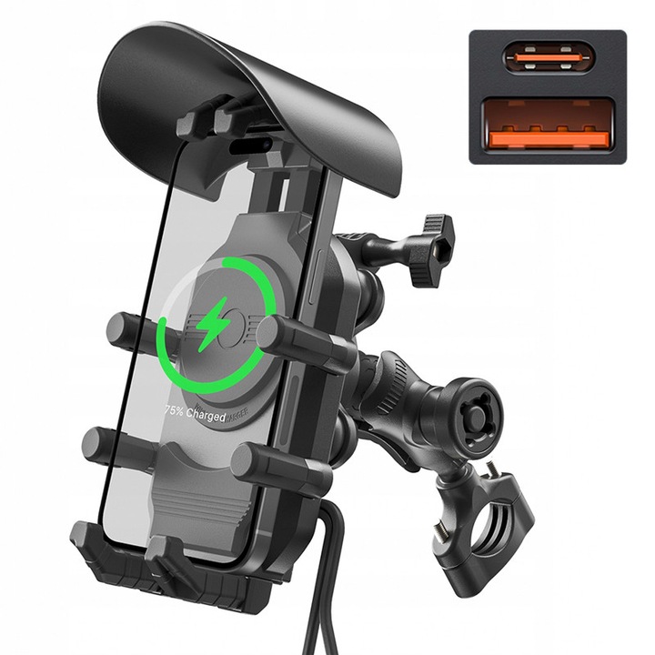 Urmaritor de telefon pentru motocicleta, montaj cu camera sportiva, incarcare USB-C, incarcare wireless, antiviibratii, set complet