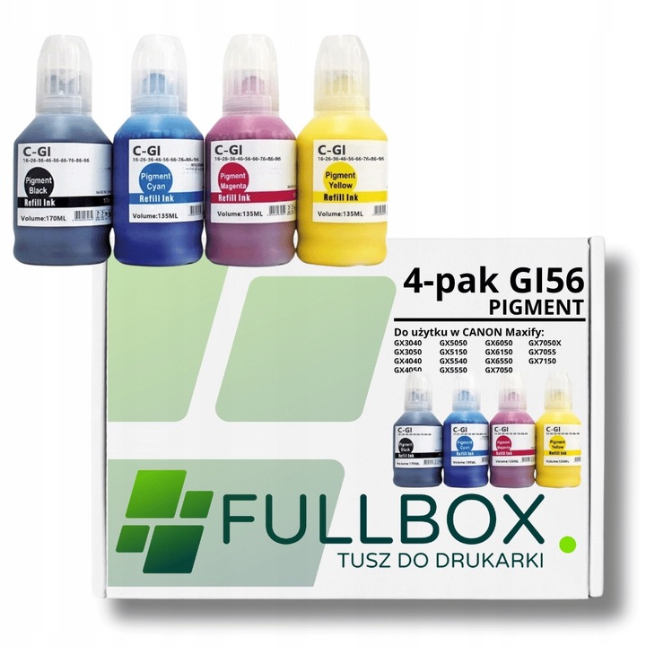 Set 4 cartuse cerneala pigmentata Fullbox compatibile Canon GI-56, 175ml negru + 3x 140ml culori