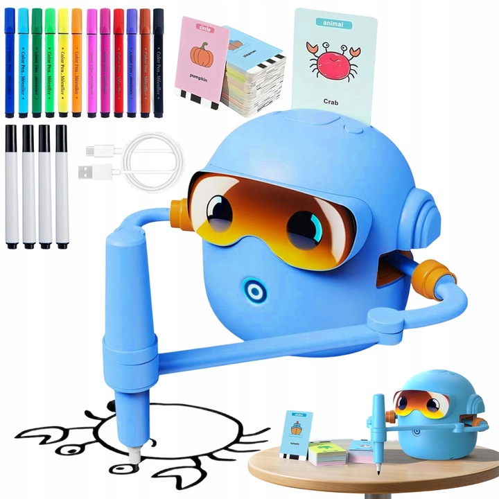 Robot de desenat interactiv, 100 carti, albastru, 11x12,5cm