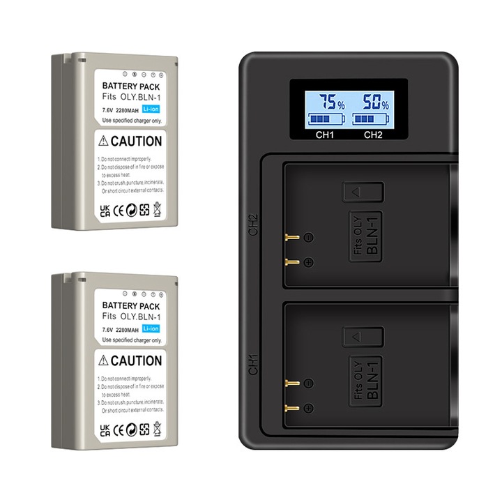 Set 2 acumulatori BLN-1 2280mAh cu incarcator LCD pentru Olympus OM-D E-M1, E-M5, E-P5