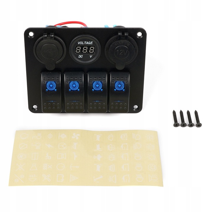 Panel de control cu 4 comutatoare, incarcator USB, priza pentru bricheta, aluminiu, IP65, set complet