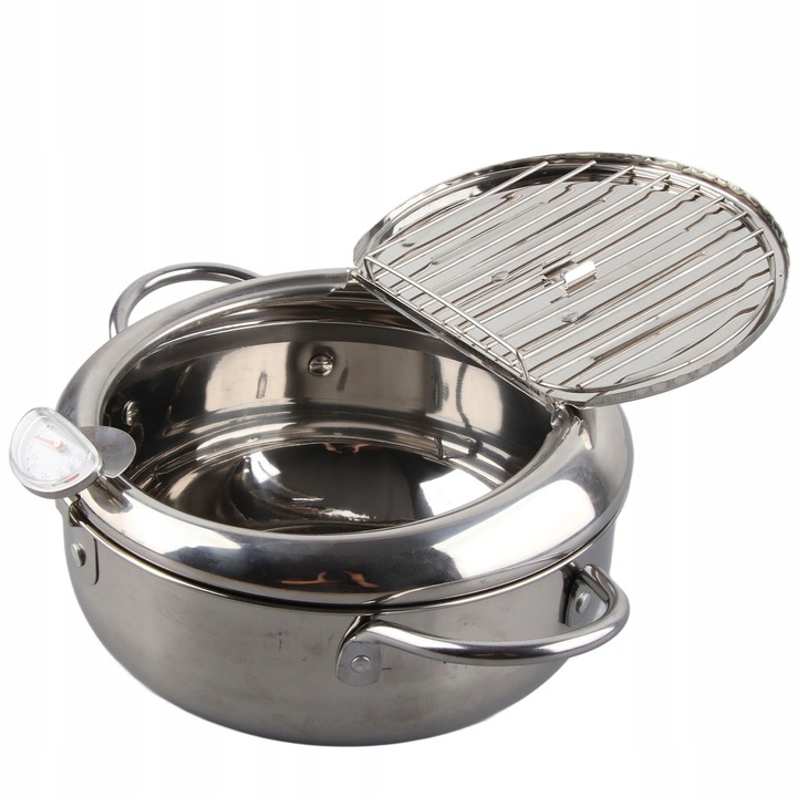 Mini friteuza tempura din otel inoxidabil, 20cm, cu termometru, set complet, stil japonez, capac inclus