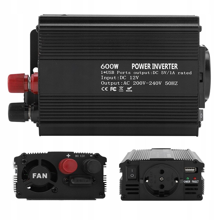 Inverter solar 12V-220V 600W, 130x95x55mm, protectie la suprasarcina, carcasa din aluminiu