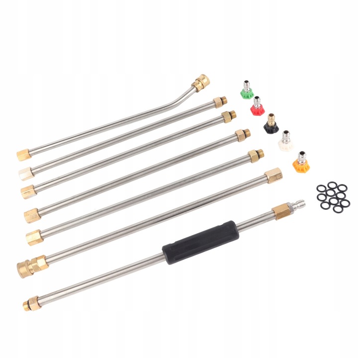 Set accesorii pentru aparate de spalat cu presiune, 5 duze, 6 prelungitoare, 1 tija curbata, argintie, 38cm