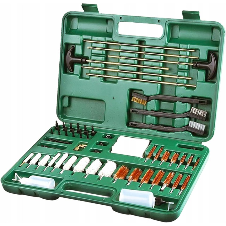 Fegyvertisztító készlet, 3 bronz rúd, 14 bronz kefe, 30 ml olaj, 50 ml tisztítóoldat, hordtáska