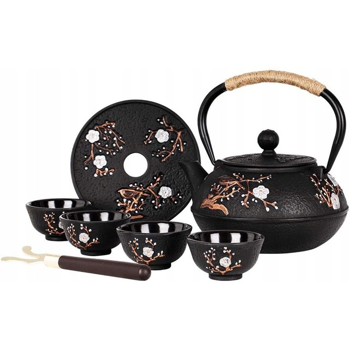 Set Ceainic Zeliwny 800ml cu 4 Cesti Zeliwne si Suport, Antihot, Multicolor