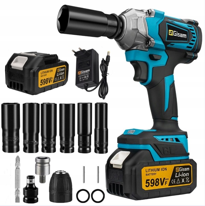 Set Klucz Udarowy Akumulatorowy Gisam 1200Nm, Motor Fara Perii, 3.0Ah, 1/2", LED