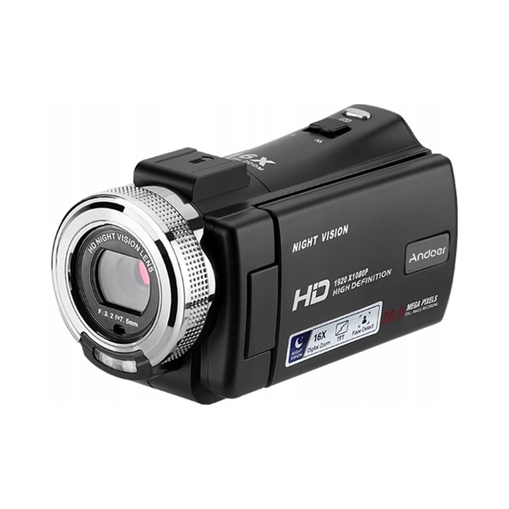 Digitális videokamera, Andoer 4K DV, 16 MP, 270°-ban forgatható, fekete, 2,4 hüvelyk