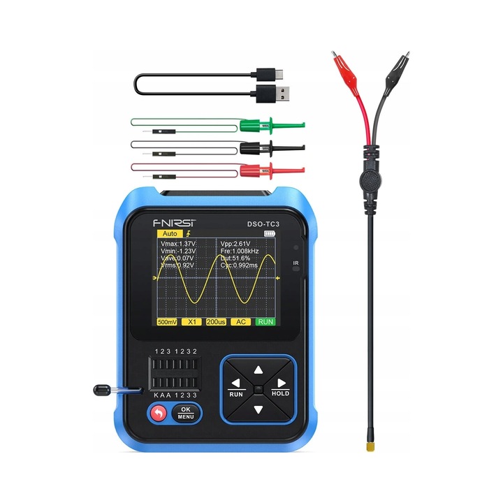 Osciloscop digital portabil 3 in 1 FNIRSI DSO-TC3, tester tranzistori, generator semnal, 2.4 inch, 1500mAh