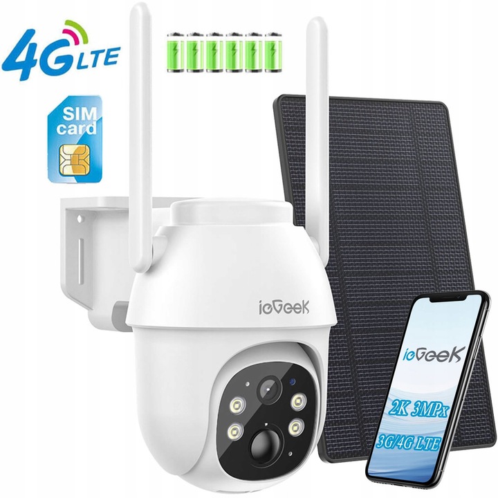 4G LTE соларна камера за наблюдение, ieGeek, 2K 3MP, въртяща се, бяла, пълен комплект