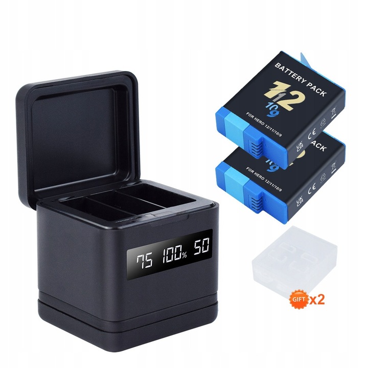 2 db AHDBT-901 akkumulátor szett GoPro Hero 9/10/11/12 készülékhez + 3 csatornás LCD töltő, 2000mAh, 3.85V