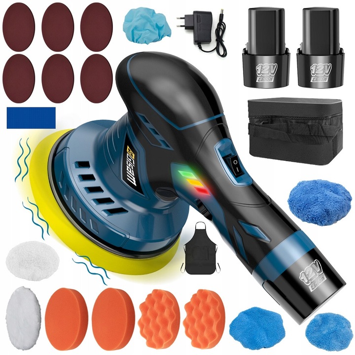 Polerka auto Gisam, set complet, 2 acumulatori 21V, 8 trepte de viteza, 150 mm, multicolor