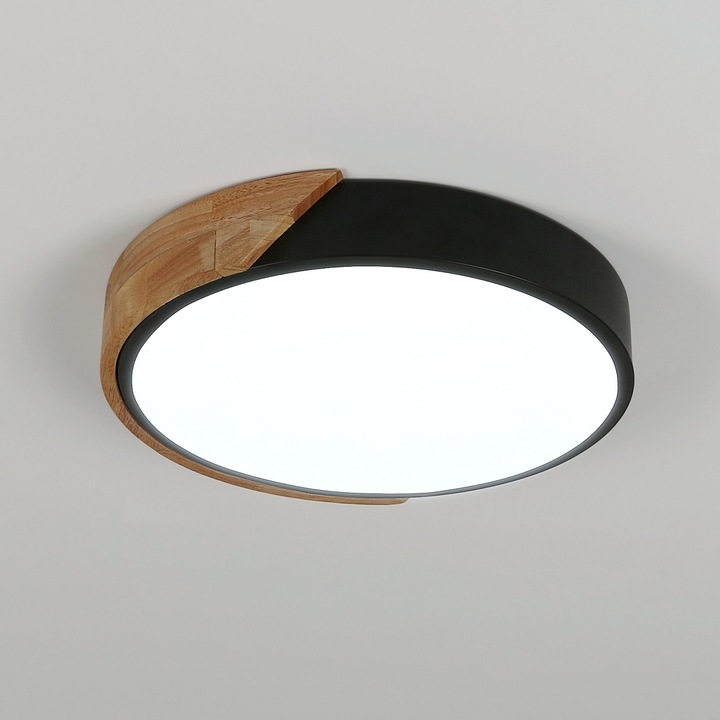 Plafoniera LED, Comely, model rotund, 24W, 2040LM, negru, 30cm, cu detalii din lemn