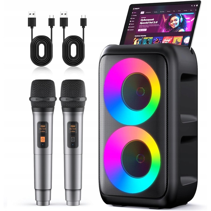 Karaoke gép 2 vezeték nélküli mikrofonnal, Bluetooth, színes LED fények, 20,7x20,7x30cm
