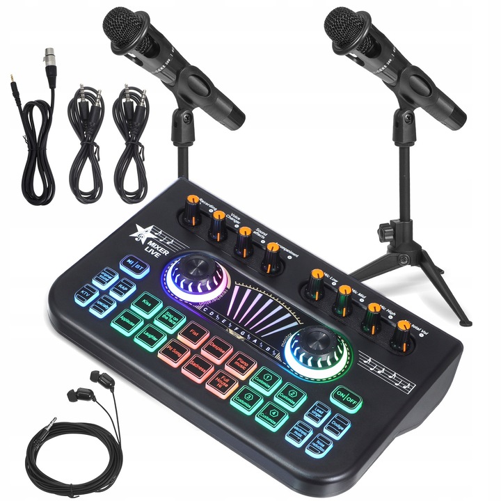 Mikser audio profesional cu 2 microfoane, card sunet, efecte vocale, 3.5 mm, set pentru podcasting