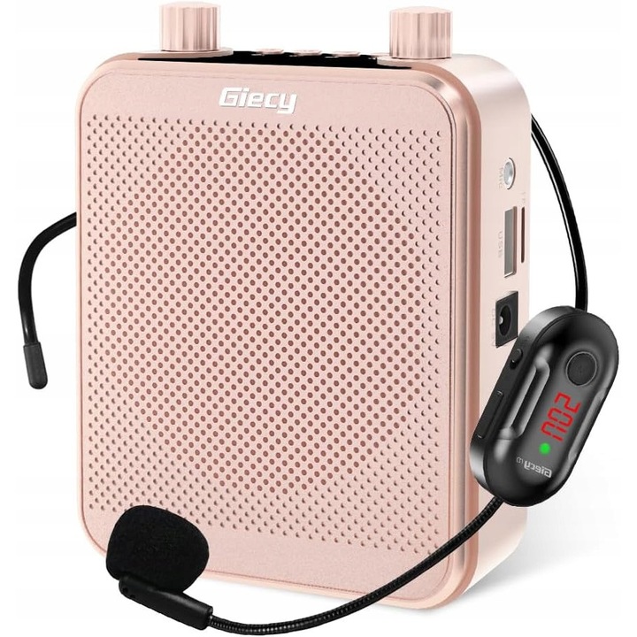 Erősítő, Giecy, 30W UHF vezeték nélküli mikrofonnal, 2800mAh, rózsaszín