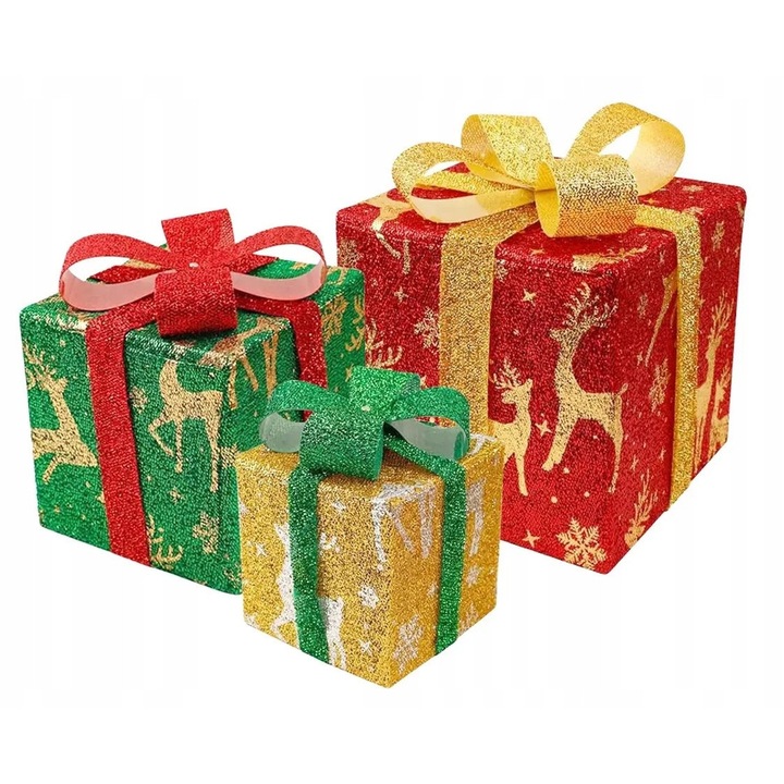 Set 3 cutii de cadou luminoase, decoratiuni Craciun, rosu, verde, galben, 15.5x15.5x15.5cm, 20.5x20.5x20.5cm, 25.5x25.5x25.5cm