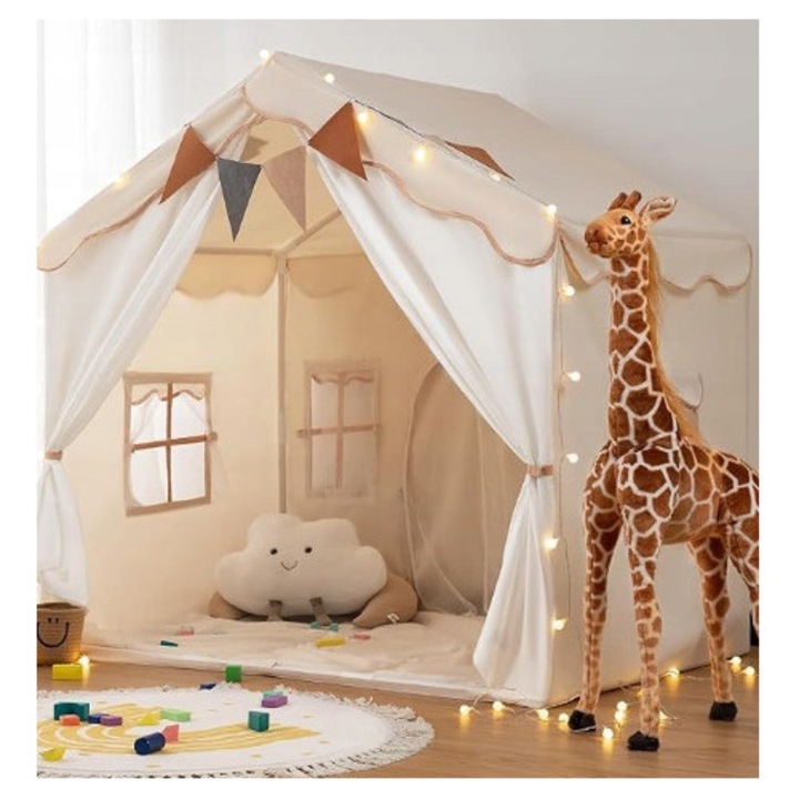 Cort pentru copii, 2 in 1, design castel, cu LED, crem, 130x89x130cm