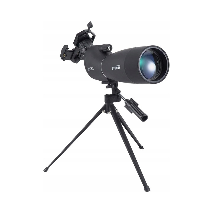 Luneta de observare SV28, 25x-75x, 70mm, prizm BAK4, cu adaptor universal pentru telefon, set complet