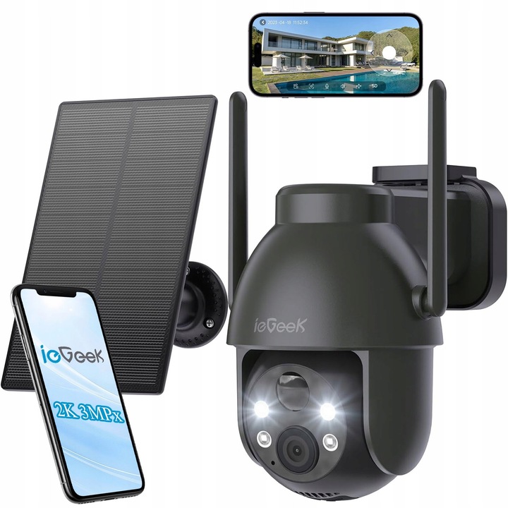 IeGeek Wi-Fi 2K 3MPx ротационна соларна камера за наблюдение, двупосочно аудио, бяла, пълен комплект