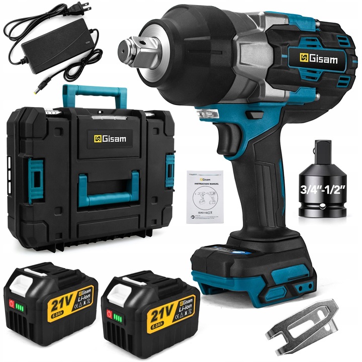 Cheie cu impact fara perii Gisam 3000Nm 3/4", set 2 baterii 6.0Ah, adaptor, cutie transport