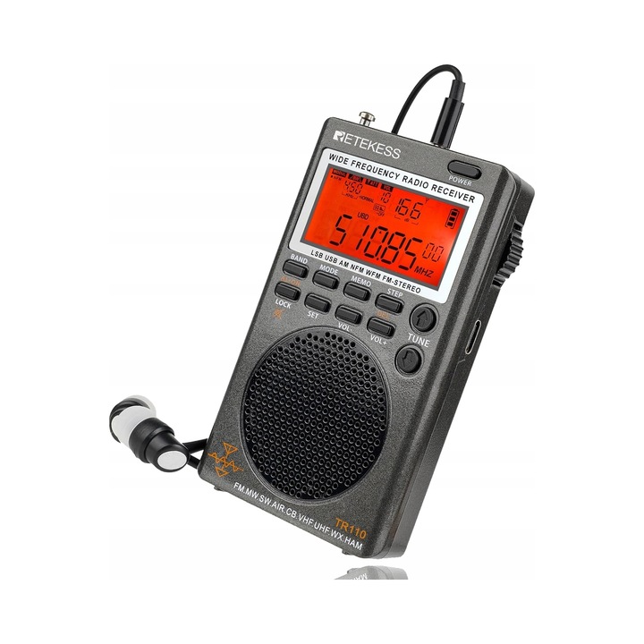 Radio portabil Retekess TR110, FM/MW/SW/AIR/CB/WX, 1000mAh, cu casti, dimensiuni 111x60x20mm