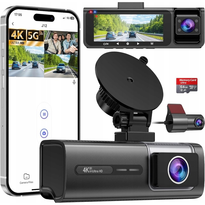 Camera auto DVR 4K, 3 canale, Wi-Fi, 64GB, montare pe parbriz