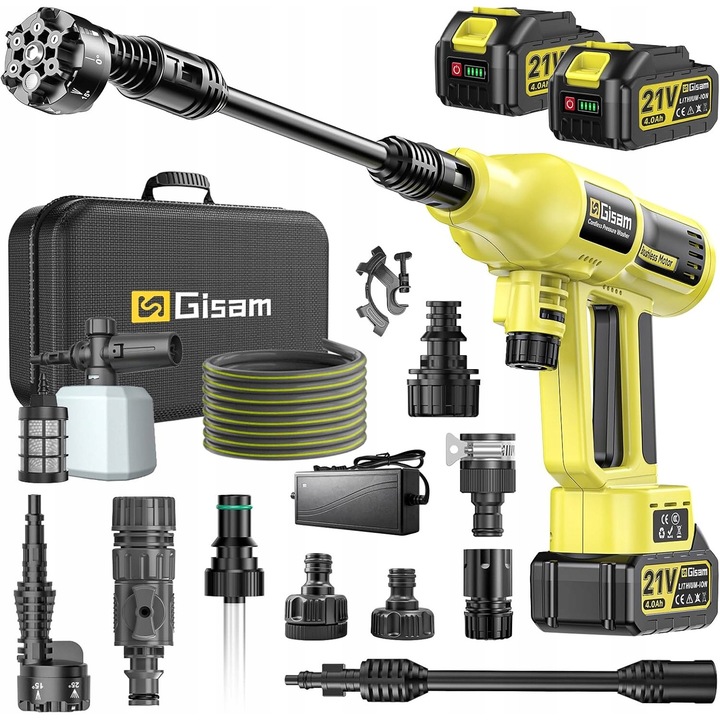 Set aparat spalat cu presiune, Gisam, 1400PSI, 4 moduri de viteza, 2 acumulatori 4Ah, accesorii incluse