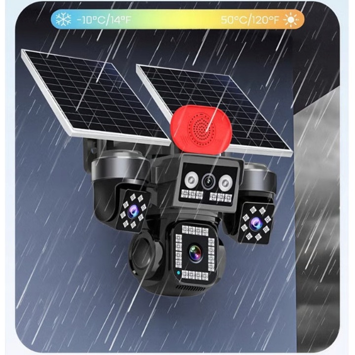 Camera de supraveghere solara 4G cu 3 obiective, noapte, detectie miscare, 5MP, set 64GB