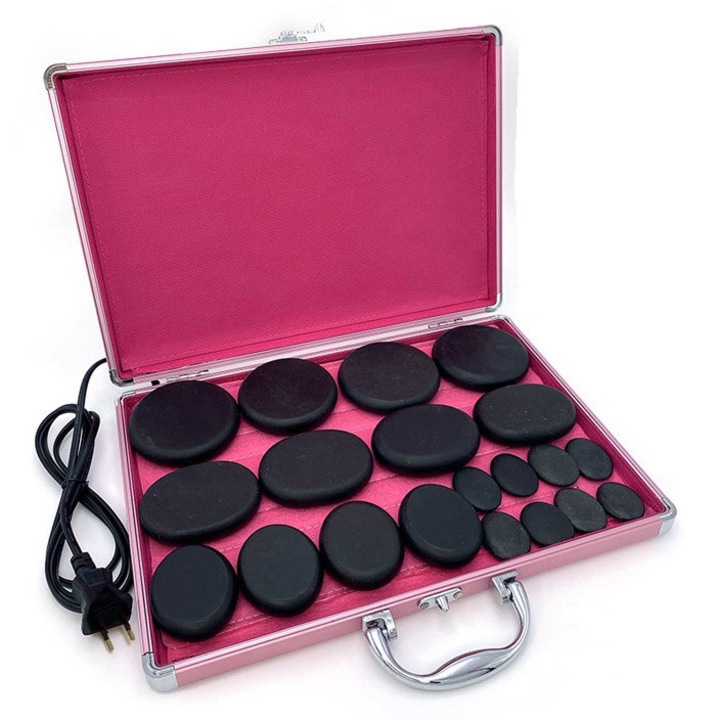 Set de 20 pietre de bazalt pentru masaj cu cutie de incalzire, culoare neagra, dimensiuni variate