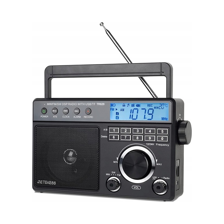 Radio portabil Retekess TR629, AM FM SW, USB/Micro SD, cu ceas, 220V/4.5V