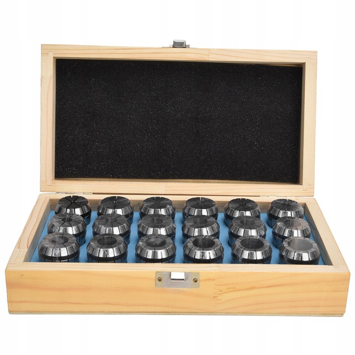 Set 18 bucati tulei de prindere ER32, 3-20 mm, din otel carbon, cutie din lemn