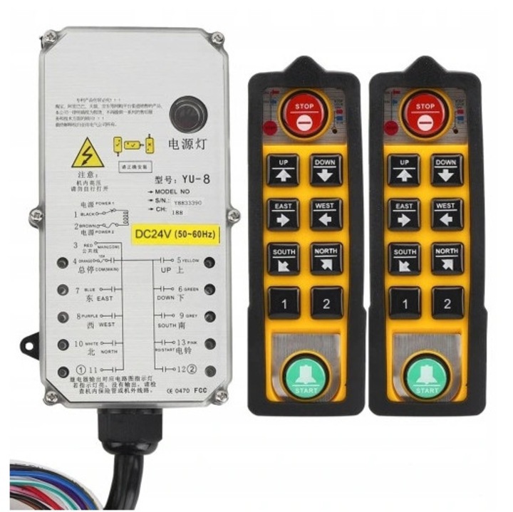 Telecomanda macara, YU-8, DC24V/AC36V/AC220V/AC380V, rezistenta la apa, set 1 receptor si 2 controlere