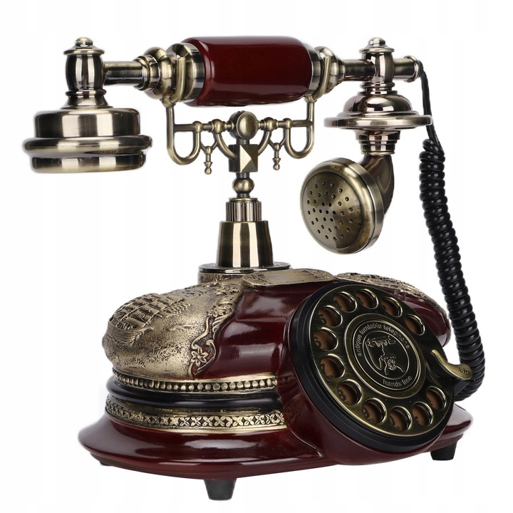 Telefon retro cu fir, antichizat, imitatie lemn si bronz verde, design clasic, set complet