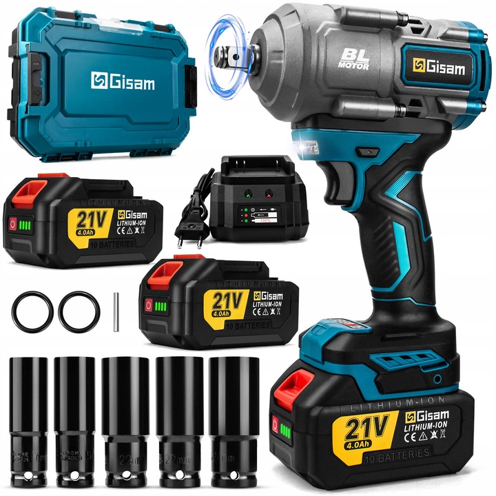 Set cheie cu impact fara perii Gisam, 2000Nm, 2 acumulatori 4.0Ah, 5 nasade, 1/2"