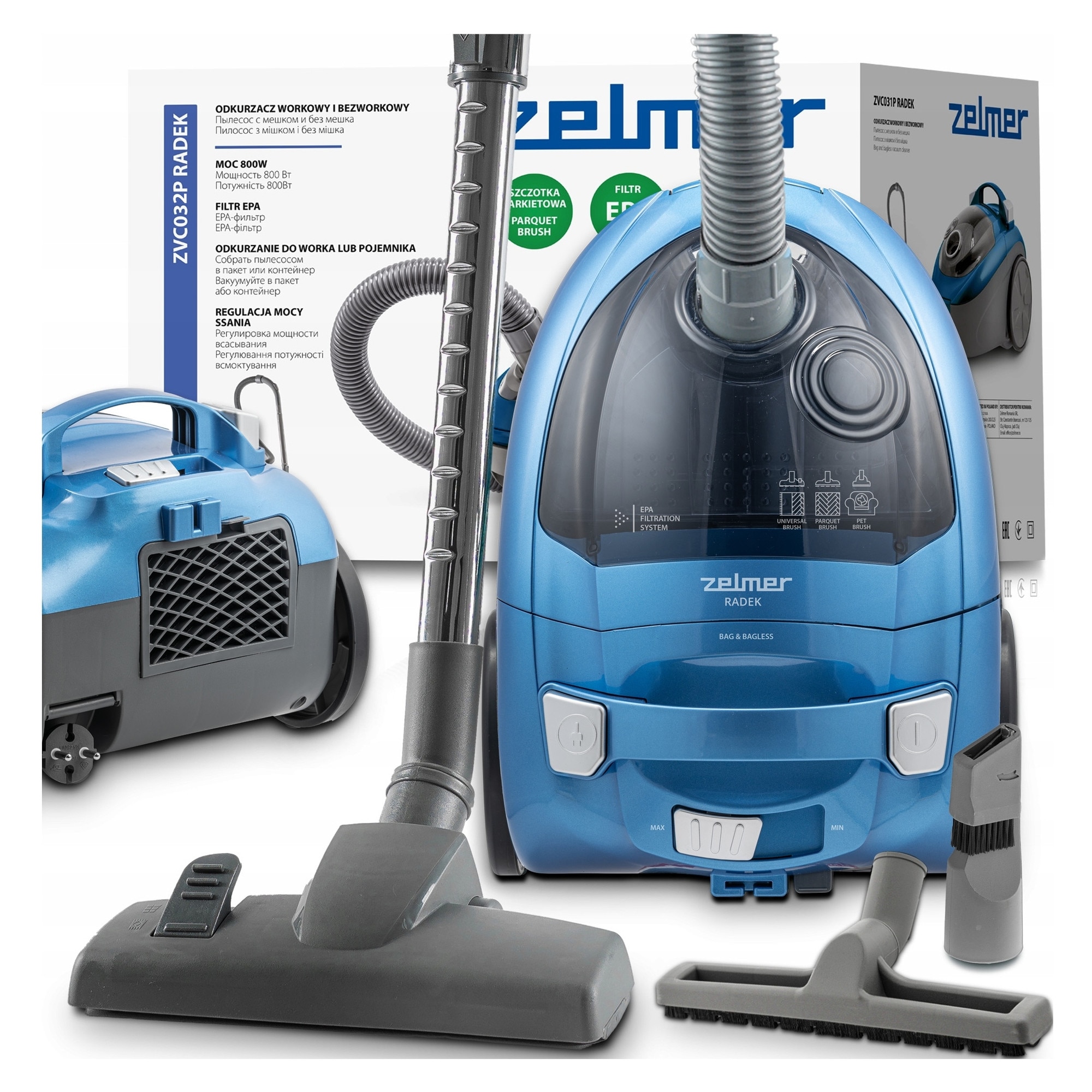 Aspirator Zelmer ZVC032P Radek 2 in 1, 800W, turcoaz, 3,8kg, set cu 4 accesorii