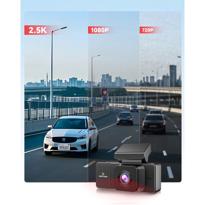 Camera auto 3-canale REDTIGER A3 2.5K, WiFi, mod parcare 24H, 32GB, compacta