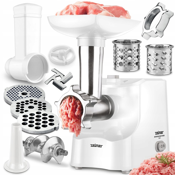 Masina de tocat carne Zelmer ZMM1540B, 1500W, 1,8 kg/min, alb, cu accesorii pentru razuire