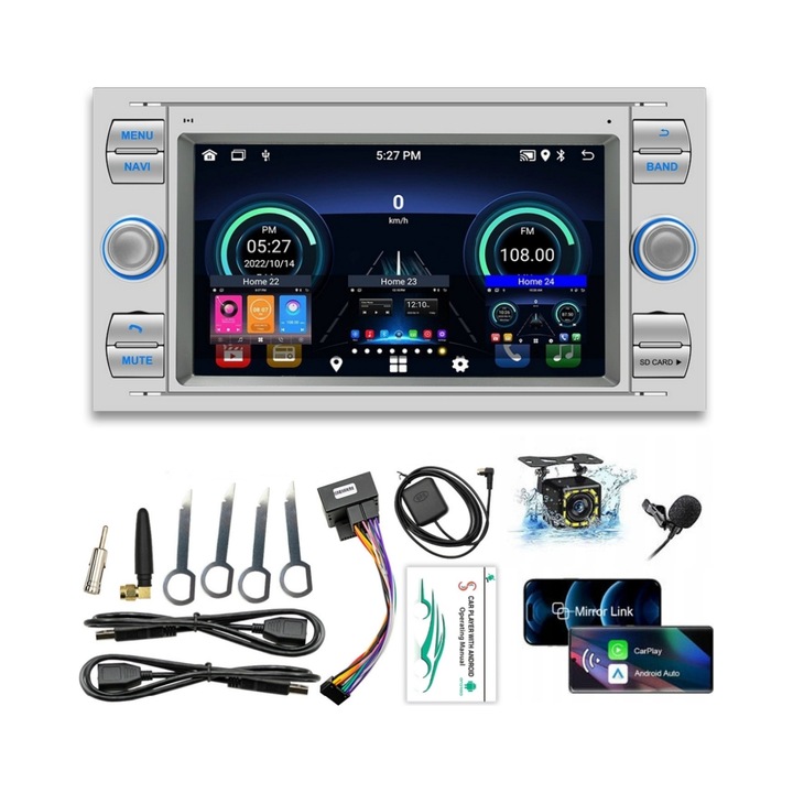 Rádió multimédia Android 7" GPS-szel, Bluetooth-szal, tolatókamerával, 2GB RAM, 32GB ROM, Fordhoz (szett)