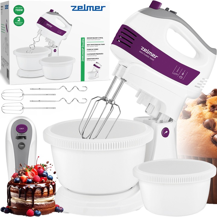 Mikser de mana Zelmer 700W, 2x Misi de 2,5L, 5 viteze, functie Turbo