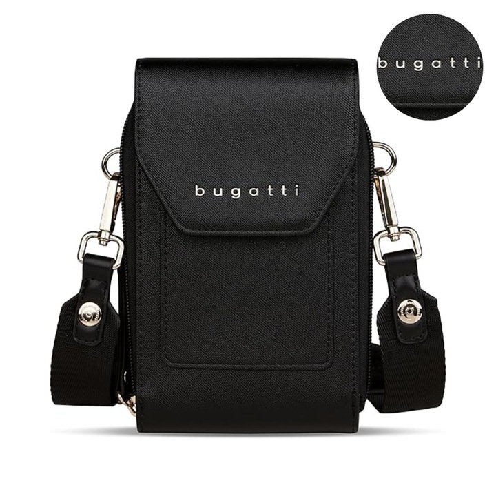 Geanta dama Bugatti Ella, piele ecologica, Crossbody pentru telefon si carduri, bareta reglabila, design elegant, neagra, 496636S