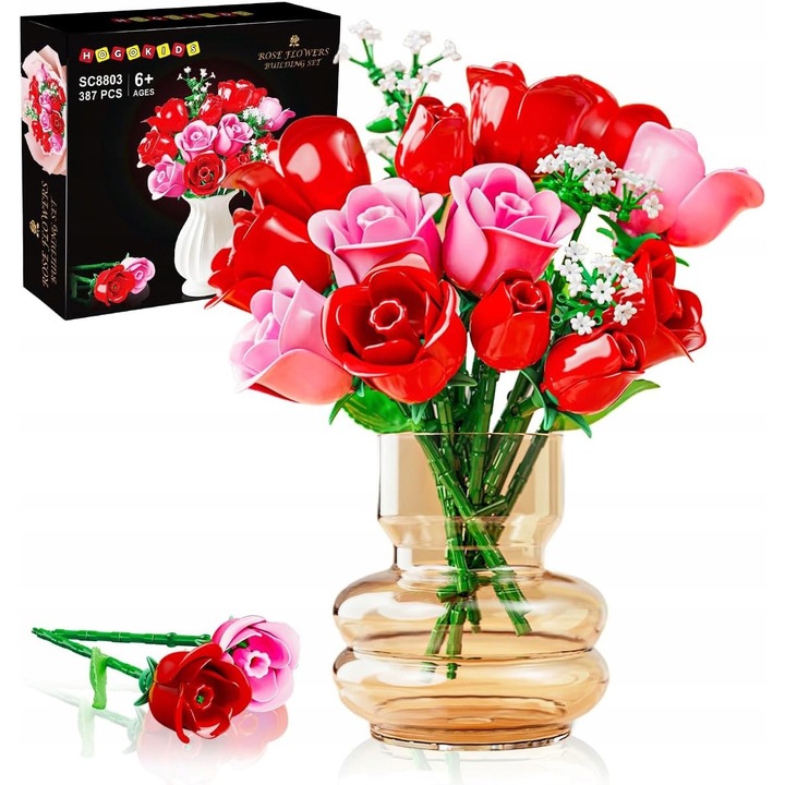 Set de constructie Hogokids, Wieczna Roza, 387 piese, flori, cadou de Valentine's Day