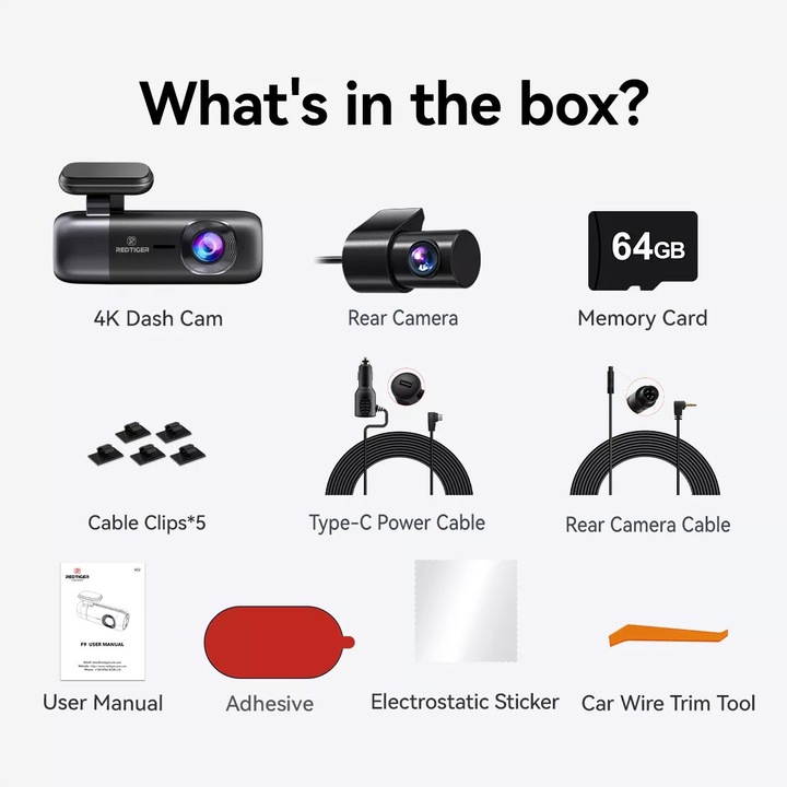 Camera auto 4K F9 cu doua obiective, WiFi, GPS, nocturna, card 64GB