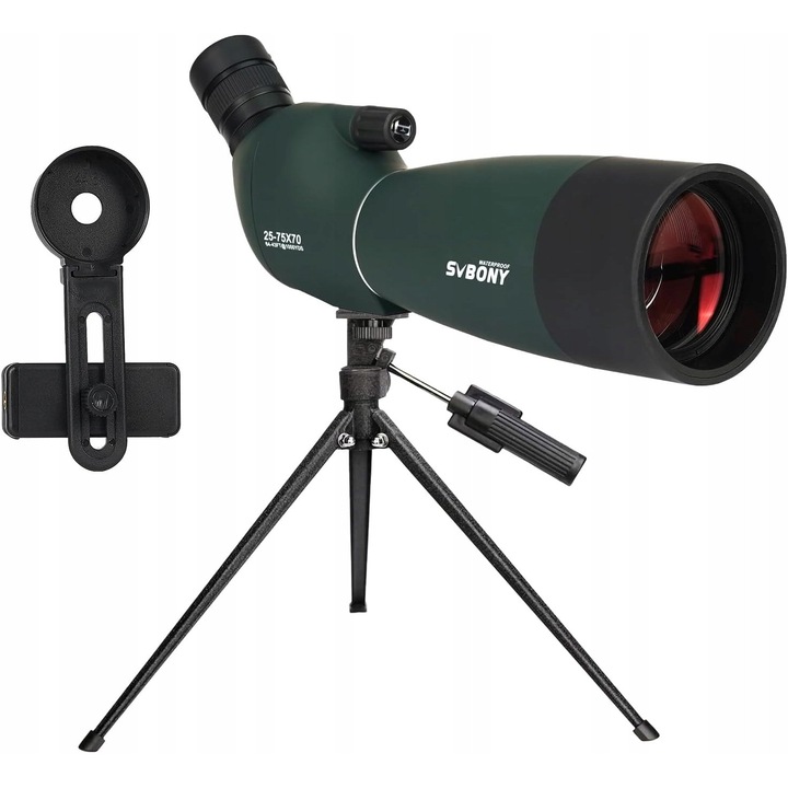 Luneta de observatie Svbony SV28PLUS, 25-75x70mm, BAK4, FMC, cu adaptor pentru telefon si tripod