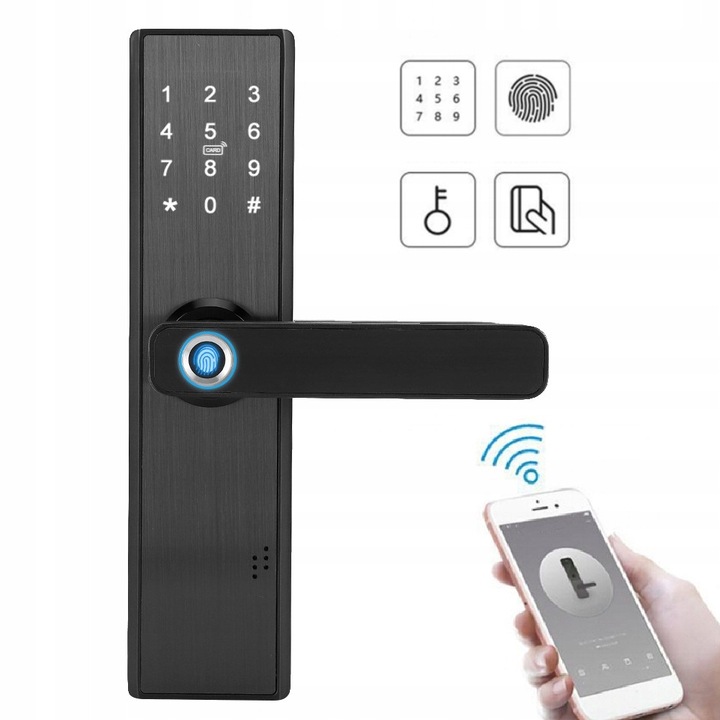 Set incuietoare inteligenta cu ecran tactil, functie WiFi, deschidere prin amprenta, card IC, 2 chei mecanice, negru