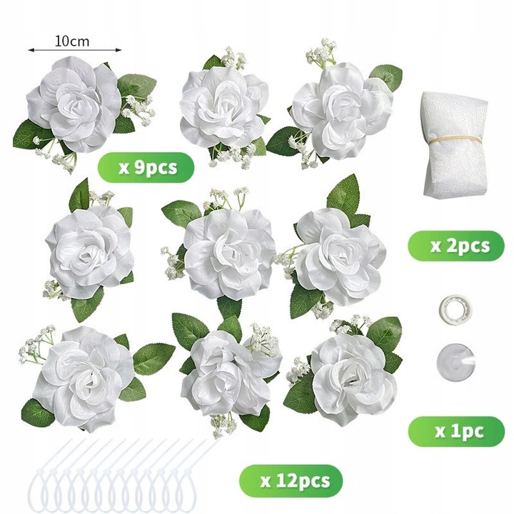 Set decorativ pentru masina de nunta, 9 flori artificiale albe, 2 panglici de matase 1.6m