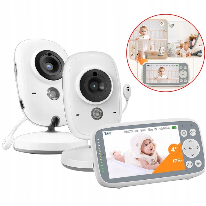 IeGeek bébi videó monitor, 2 db 1080P kamerával, 4" IPS kijelző, fehér