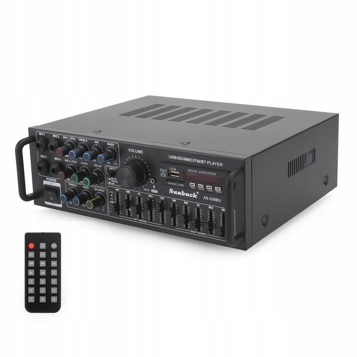 Artudatech AS-336BU audio erősítő, 2000W, Bluetooth 5.0, 2 csatornás, fekete, 290x95x240mm, teljes szett távirányítóval